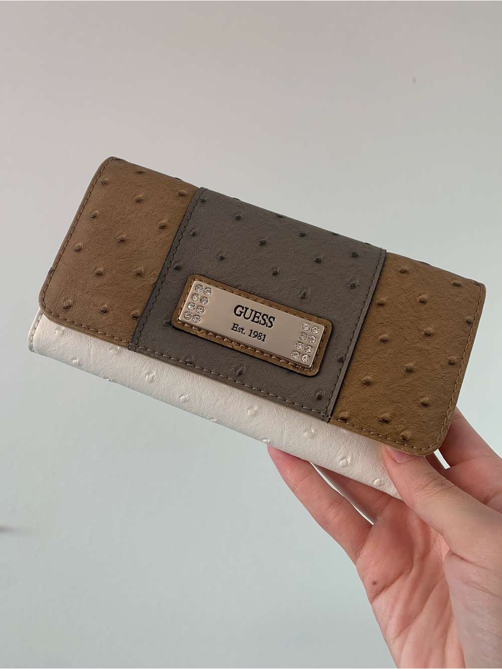 GUESS Trifold Wallet in Brown, Gray & White with Crystal Plaque